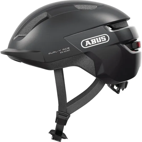 ABUS PURL-Y ACE Fahrradhelm – Dunkelgrau mit LED-Licht für E-Bikes - Fahrradhelm PURL-Y ACE mit aufladbarem LED-Licht, ideal für E-Bikes und S-Pedelecs. Bietet extra Nackenschutz und individuellen Sitz durch Verstellrad, perfekt für Stadtfahrten.