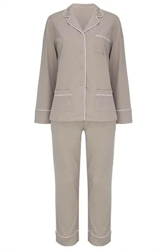 SNOOZE OFF Damen Pyjama 2-teilig aus 100% Baumwolle – Langarm Schlafanzug in Taupe - Damen Schlafanzug 2-teilig: Langarm-Hemd mit Revers und lange Hose – aus 100% Baumwolle, weich und atmungsaktiv für ein angenehmes Schlafklima. Mit eleganten Paspeln und elastischem Komfortbund für hohen Tragekomfort.