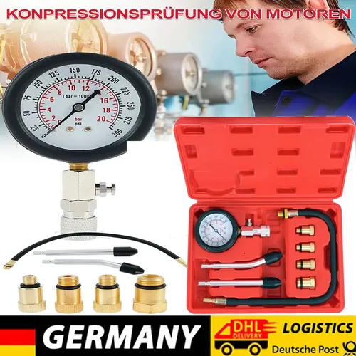 TECPO Kompressionstester Set M10 M12 M14 M18 - Kompressionsprüfer Set für Benzinmotoren, 0-20 Bar, mit flexiblem Prüfschlauch und gut ablesbarem Druckmanometer für präzise Messungen im Werkstatteinsatz.