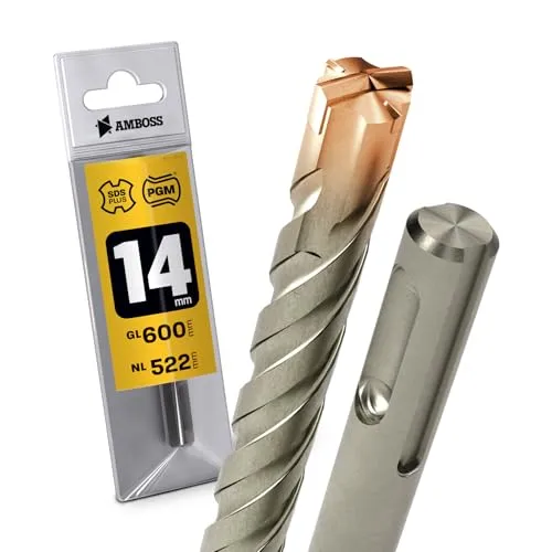 SDS Plus Hammerbohrer 4X Schneiden PGM Ø 14.0mm x 522mm - AMBOSS Werkzeuge SDS Crusher 4 - HM Betonbohrer Hartmetall Profi Bohrer 14.0 mm x 522 - Steinbohrer Stahlbeton Mauerwerk Ziegel Kalksandstein