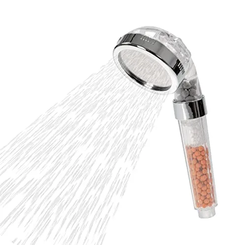 Duschkopf mit 3 Strahlarten und Mineralperlen Filter, wassersparende und druckerhöhende Duschbrause ohne Schlauch mit 3-Lagen Filter, für handelsübliche Duschschläuche (Transparent)