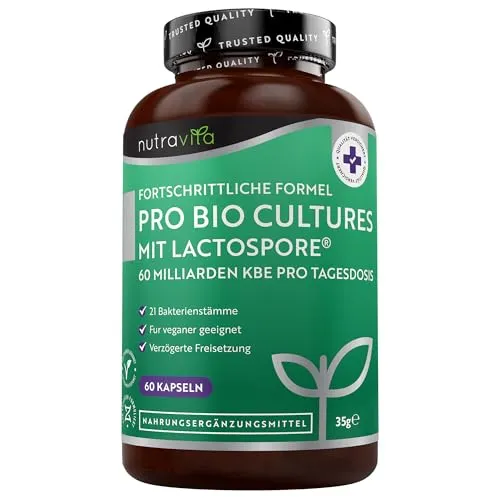 Nutravita Probiotika 60 Milliarden KBE aus 21 Kulturen Komplex mit Lactospore® und Bakterienstämme die zu den natürlichen Darmbakterien Gehören, 60 Probiotic Vegane Kapseln für 1 Monat