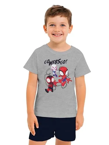 Marvel Spiderman Schlafanzug für Jungen - Spidey - Kinder Pyjama Set Kurzarm Oberteil mit Hose Grau/Schwarz (as3, Numeric, Numeric_122, Numeric_128, Regular)