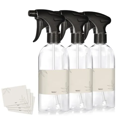 Oputec 3 x 500ml Sprühflaschen aus Kunststoff Transparent, zum Befüllen, mit ergonomischem Sprühkopf + Etiketten – Leere Wassersprühflaschen für Pflanzen, Blumen, Reinigungsmittel, Haarpflege und mehr