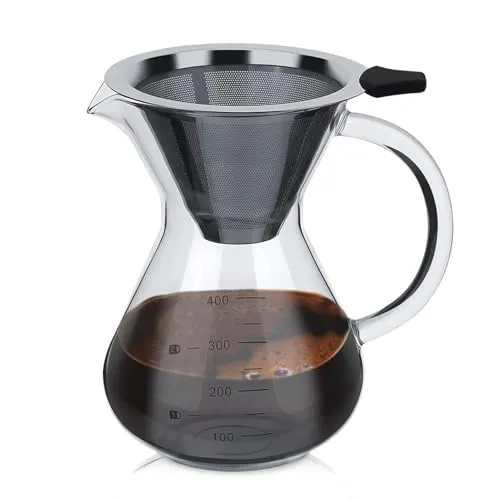 HERCHR Pour Over Kaffeemaschine, Pour Over Kaffeebereiter Mit Edelstahlfilter, Kaffeemaschine Karaffe Kaffeefilter Kaffee Edelstahl Handfilter, Manuelle Tropfkaffeemaschine (400ml)
