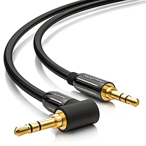 deleyCON 1m Klinkenkabel 3,5mm AUX Kabel Stereo Audio Kabel Klinkenstecker 1x 90° gewinkelt für PC Laptop Handy Smartphone Tablet KFZ HiFi-Receiver - Schwarz