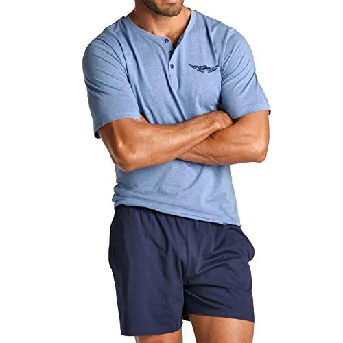 Pyjama AUTHENTIC LE JOGGER - Bequeme Herren-Nachtwäsche in Blau - Herren-Nachtwäsche aus 100% Baumwolle, kurz und bequem. Oberteil mit Knopfleiste und Hosen mit praktischen Eingrifftaschen - ideal für entspannte Nächte.