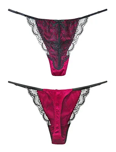 SilRiver Damen Satinseide Tangas - Sexy Höschen aus Echter Seide mit verstellbaren Trägern & schwarzer Kontrastspitze - Luxus Dessous/Slipeinlagen