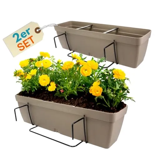 Blumenkasten Balkon Geländer 60 cm mit Wasserspeicher - Taupe - Garten-Zubehör: Praktischer Blumenkasten mit integriertem Wasserspeicher für optimale Pflanzenpflege, ideal für Balkone und Terrassen.