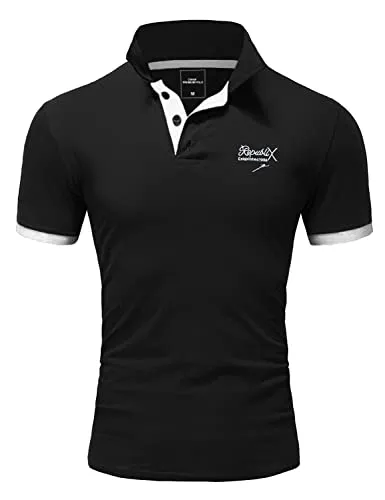 REPUBLIX Herren Poloshirt Basic Kontrast Stickerei Kragen Kurzarm Polohemd T-Shirt R-0056 Schwarz/Weiß XL