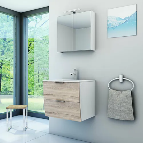 Badmöbel Set Gently 2 V1 Weiß/Eiche MDF 60cm