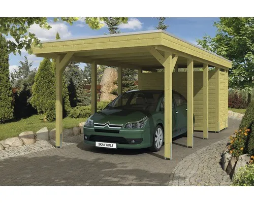 SKAN HOLZ Friesland Einzelcarport mit Abstellraum 314x708 cm - Robuster Carport mit Flachdach und zusätzlichem Abstellraum, ideal für die Aufbewahrung von Gartengeräten und Fahrzeugen.