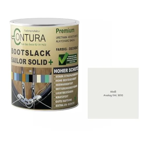 Contura Bootslack Farbig GLÄNZEND Yacht- Buntlack Metall Holz GFK Holzlack Boot Farblos (Weiß - RAL 9010 Analog, 500ml.)
