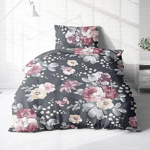 Träumschön Bettwäsche Biber 135x200 oder 155x220 - Kuschelige Rosen Blumen - Bettwäsche-Sets aus 100% Baumwolle, kuschelig warm für den Winter, 2-teilig mit Reißverschluss. Perfekt für einen gemütlichen Schlaf!