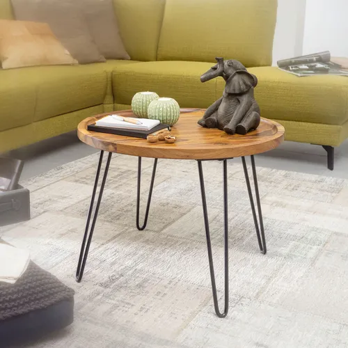 Wohnling Couchtisch Sheesham Massivholz - Rund & Modern - Beistelltisch fürs Wohnzimmer, aus robustem Sheeshamholz mit eleganten Hairpin-Beinen, ideal für Snacks und Getränke beim Entspannen auf der Couch.