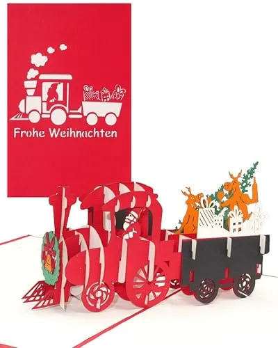 Cologne Cards 3D Weihnachtskarte - Pop-Up Karte Eisenbahn mit Nikolaus & lustigen Rentieren - einzigartige Weihnachtskarten mit Umschlag Pop-Up Karten