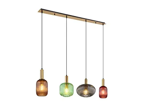 Ausgefallene Pendelleuchte mit 4 gerillten Glasschirmen - Hochwertige Lampe mit 4 austauschbaren E27 Filament LED Leuchtmitteln, dimmbar für individuelle Beleuchtung. Ideal für Wohnzimmer, Küche und Flur. Maße: 120 cm Abhängung, 115 cm Breite.