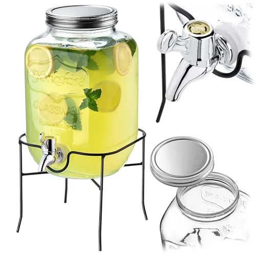 KADAX Getränkespender 4L mit Ständer, Saftspender aus Glas, Wasserspender mit Zapfhahn und Deckel, Limonadenspender, Trinkspender für Kalte Getränke (Modell 3)