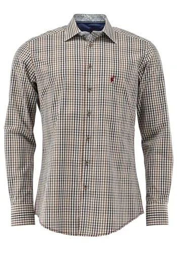 OS Trachten Herren Hemd Langarm Arkaya – Hellbraun, Größe 45/46 - Elegantes Trachtenhemd mit Slim Fit und feiner Stickerei auf der Brust, ideal für festliche Anlässe und den Alltag.