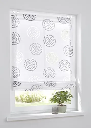 Kutti Raffrollo Bella Ausbrenner Weiss anthrazit, 100 x 140 cm mit Fensterhaken - Raffrollo aus halbtransparentem Ausbrenner mit modernem Kreis Motiv, ideal für variablen Lichtschutz in Küche, Wohnzimmer oder Schlafzimmer. Inkl. Fensterhaken zur Montage ohne Bohren.