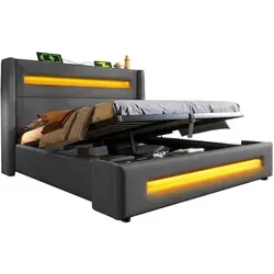 OKWISH Polsterbett 160x200 cm mit Stauraum, LED-Beleuchtung und USB-Anschlüssen – elegantes Design in Grau, hoher Komfort