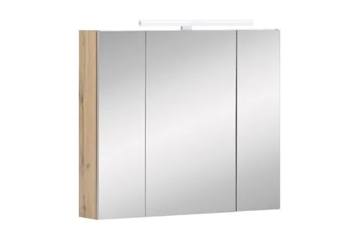 Spiegelschrank Möbelpartner Karla 80 cm - 3-türig mit LED - Badezimmerspiegel mit eleganter Eichenoptik, bietet ausreichend Stauraum und stimmungsvolle LED-Beleuchtung für Ihr Badezimmer.