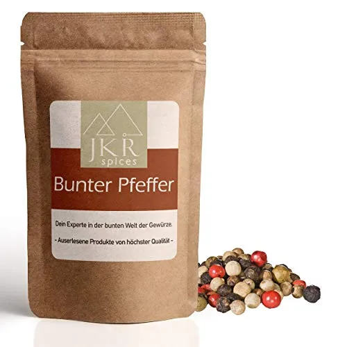JKR Spices® Bunter Pfeffer ganz 250g - grüne rosa beige schwarze Pfefferkörner | ganze Pfeffer Körner für Pfeffermühle und Mörser | Pfefferkörner bunt in Spitzenqualität
