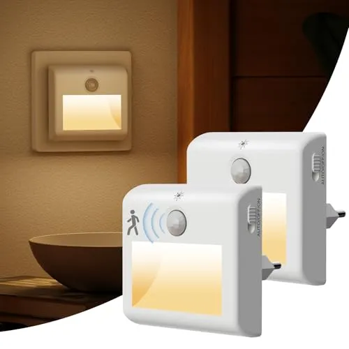 Suright Steckdosen-Nachtleuchte mit Bewegungssensor (2er-Pack) | Warmweiß, 3 Modi, dimmbar