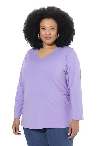 Ulla Popken Damen große Größen Übergrößen Plus Size Shirt, V-Ausschnitt, Relaxed, Langarm Blauer Flieder 58+ 725334810-58+