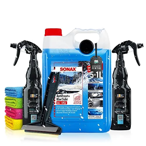 Frostschutz Auto Set: Sonax Antifrost + Klarsicht Gebrauchsfertig (5L) + 2x ADBL Enteiserspray + Murska Eiskratzer - Für klare Sicht im Winter - Scheibenfrostschutz, Frostschutzmittel