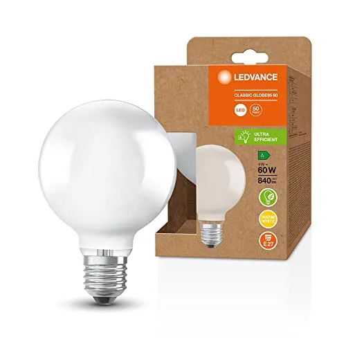 LEDVANCE LED Stromsparlampe, Matte Globe mit E27 Sockel, Warmweiß (3000K), 4 Watt, ersetzt herkömmliche 60W-Leuchtmittel, besonders hohe Energieeffizienz und stromsparend, 1er-Pack
