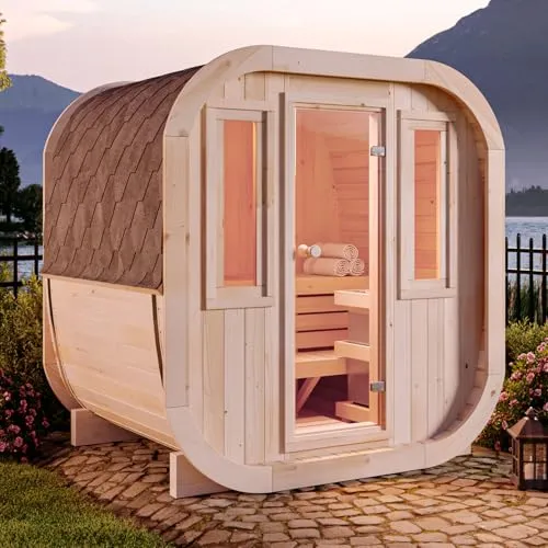 FinnTherm Fasssauna ScandiCube Mini XS - Fasssauna für bis zu 3 Personen, einzigartiges kubisches Design mit 2 bronzierten Fenstern und stabilen 42 mm Wänden – ideal für die ganze Familie.