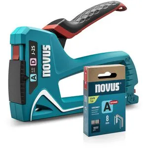 Novus-Tools Handtacker J-25, Set mit 1800 Klammern - Tacker für Klammern 4-10mm, ideal für Innenausbau und Polstern. Mit einstellbarer Schlagkraft und einfachem Nachfüllen dank Unterlademechanik.