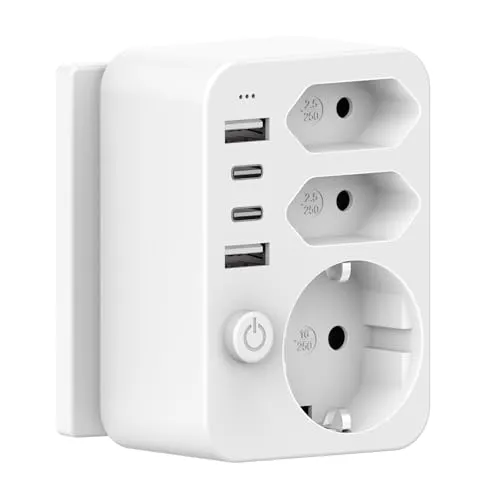 HANYEAL Mehrfachsteckdose mit USB Netzstecker,Doppelstecker für USB C Steckdose, Steckdosenadapter,Reiseadapter 4 USB (2×A + C) 3.4A Schnellladung, Sicherheitsschalter & LED – Kompakt für Reisen/Haus
