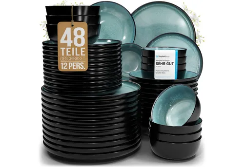 Steingut Geschirrset 12 Pers. Ibiza 48-tlg in schwarz von PURE LIVING INTERIOR DESIGN