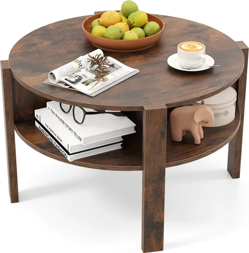 COSTWAY Runder Couchtisch mit Stauraum, Eleganter Kaffeetisch für Wohnzimmer und Büro, Braun