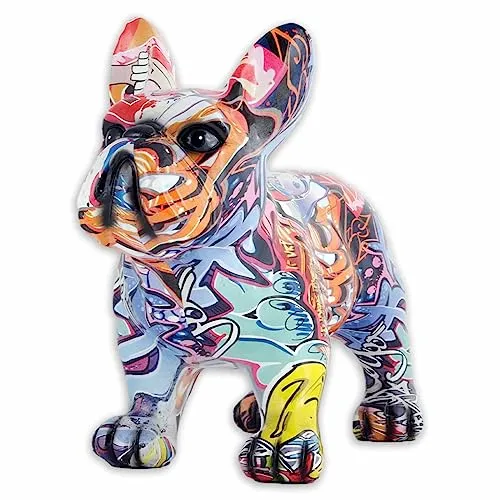 MONKIMAU Französische Bulldoggen Figur mit Graffiti Motiv - Deko Statue Skulptur für Zuhause Garten - Handgefertigte Hundefigur