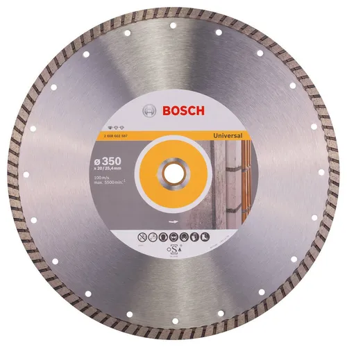 Bosch Diamanttrennscheibe Ø350 mm - Schleifmaschinen - Die Standard for Universal Turbo bietet präzise, rissfreie Schnitte in Beton und Mauerwerk dank hochwertiger Diamantmatrix.