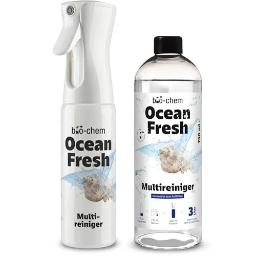 bio-chem Ocean Fresh Multireiniger Konzentrat | Premium Allzweckreiniger mit maritimer Frische - KRAFTVOLLE REINIGUNG MIT DUFTERLEBNIS | Ocean Fresh bietet eine effektive Reinigungslösung für Küche, Bad und mehr. Mit nur 750 ml Konzentrat bis zu 3 Liter fertige Lösung herstellen. Vielseitig einsetzbar für streifenfreie Ergebnisse auf allen Oberflächen.