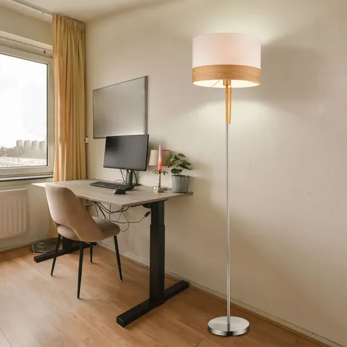 Elegante Stehleuchte mit Textilschirm in Beige - Stilvolle Stehleuchte für Wohnräume, mit einem eleganten Holz-Textilschirm und Zugschalter. Bietet angenehmes Licht und setzt geschmackvolle Akzente in Ihrem Zuhause.