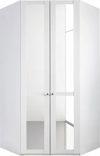 Eckschrank Kleiderschrank Newport 120x120cm weiß mit LED-Beleuchtung - Platzsparender Eckschrank Newport mit 2 Türen und dekorativen Details. Ideal für kleinere Räume, bietet er viel Stauraum und individuelle Nutzungsmöglichkeiten. Mit batteriebetriebener LED-Beleuchtung für einen besonderen Akzent.