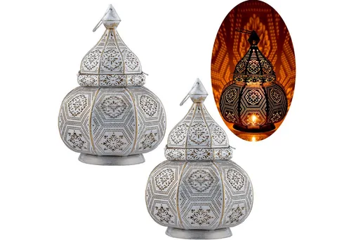 Marrakesch Nachttischlampe 2er Set - Orientalische Laterne Mahana Weiss - Nachttischleuchten, handgefertigte Lampe und Laterne in einem, vereint traditionelles Design mit moderner Beleuchtung, ideal für gemütliche Atmosphäre in jedem Raum.