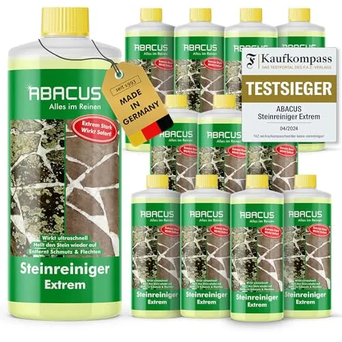 ABACUS Steinreiniger Extrem - Effektiver Grünbelagentferner - Grünbelagentferner für Terrasse, Garten und Fassade. Entfernt sofort Algen, Schmutz und Flechten mit 12x1000ml Sofortwirkung.