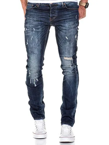Amaci&Sons Herren Strech Destroyed Slim Fit Denim Jeans Hose 7500 Dunkelblau W36/L34
