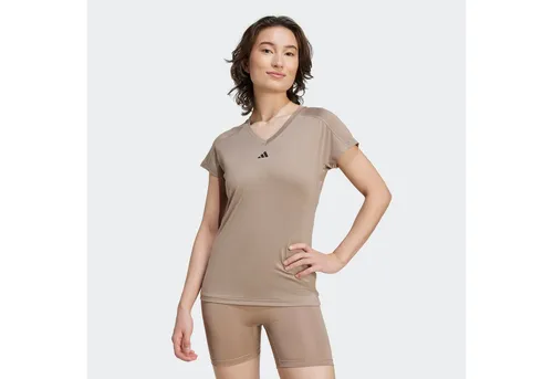 adidas Damen Essentials V-Neck T-Shirt (Größe L, beige) - Laufshirts: Funktionelles Trainingsshirt mit optimaler Bewegungsfreiheit für ausdauernde Trainingseinheiten und hohen Tragekomfort.