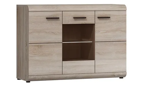 Sideboard Kommode Link 120x42x86,5cm Eiche Sonoma mit LED - Moderne 3-türige Kommode mit Glasboden und LED-Beleuchtung, ideal für Ihr Wohnzimmer. Bietet ausreichend Stauraum und verleiht Ihrem Raum einen eleganten Look.
