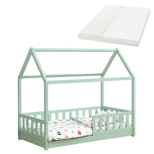 Juskys Kinderbett Marli 80x160 cm mit Rausfallschutz - Modernes Kinderbett für 3-10 Jahre, inkl. Matratze und Lattenrost. Die Hausoptik mit offenem Dach bietet kreative Gestaltungsmöglichkeiten und Sicherheit durch Rausfallschutz.