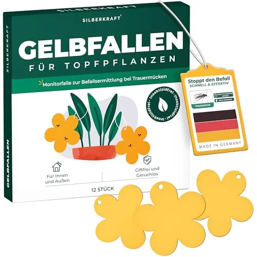 Silberkraft Gelbfalle 12 Stück - Gelbtafeln gegen Trauermücken, Fruchtfliegen & Weiße Fliegen - Rückstandsfrei, ohne Giftstoffe, ideal für Pflanzen, Küche, Gewächshaus & Innenräume