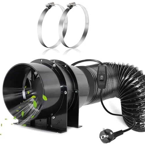 Moonjor Ø150mm Axial Rohrventilator - Effizienter Abluftventilator mit 323m³/h Luftstrom, ideal für Growzelte und Büros. Inklusive 2m Kanalschlauch und Ein-Aus Schalter für einfache Handhabung.