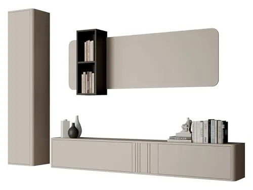 Mirjan24 Wohnwand Poksin III, Modernes Wohnzimmer Set, Anbauwand, Griffloses Öffnungssystem, Hängeschrank, Vitrine, TV Lowboard (Cashmere/Schwarz)